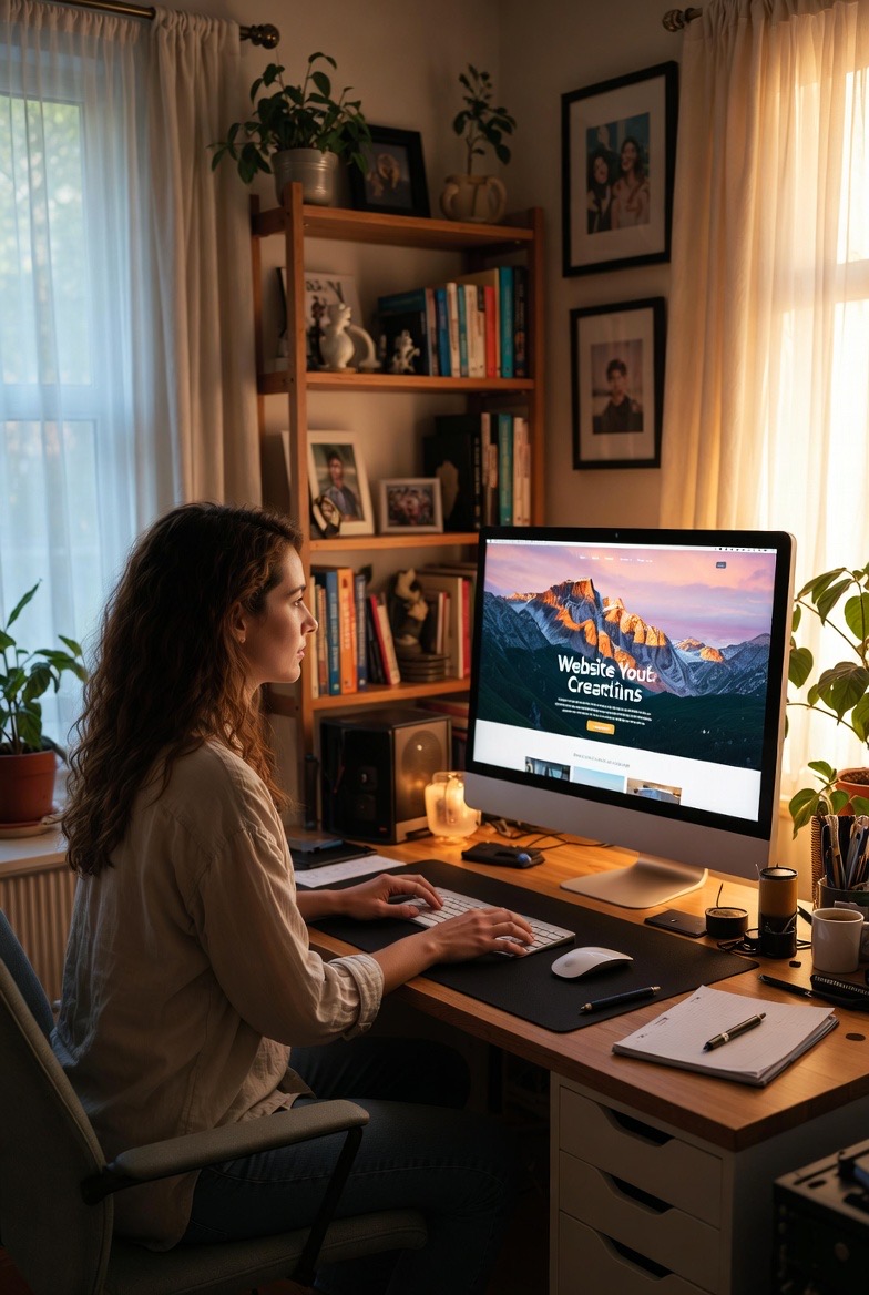 Woman sitting at a desk creating a website